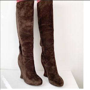 Bottega Veneta Suede Knee High Brown Wedge Heel Boots SZ 41